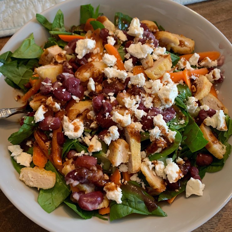 Greek salad in a gray bowl