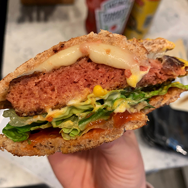 Trader Joe's Protein Patties on a burger bun with toppings and condiments